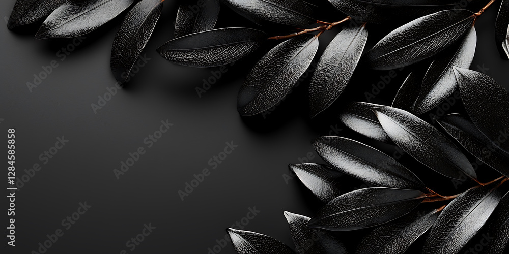 Shiny dark leaves frame a stark black space creating a modern and minimalist botanical composition. Shiny dark leaves frame a stark black space creating a modern and minimalist botanical composition.