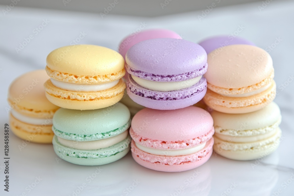 A delightful collection of pastel-colored macarons, stacked beautifully. A delightful collection of pastel-colored macarons, stacked beautifully.