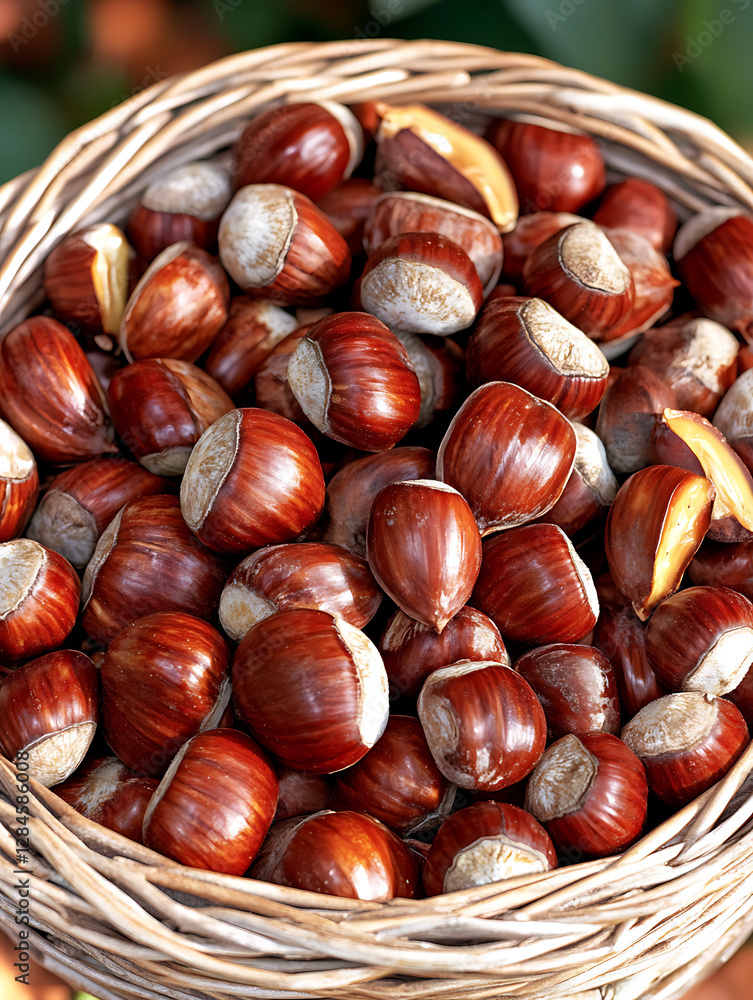 A wicker basket overflows with shiny brown chestnuts their pale bottoms peeking out from within the woven container. A wicker basket overflows with shiny brown chestnuts their pale bottoms peeking out from within the woven container.