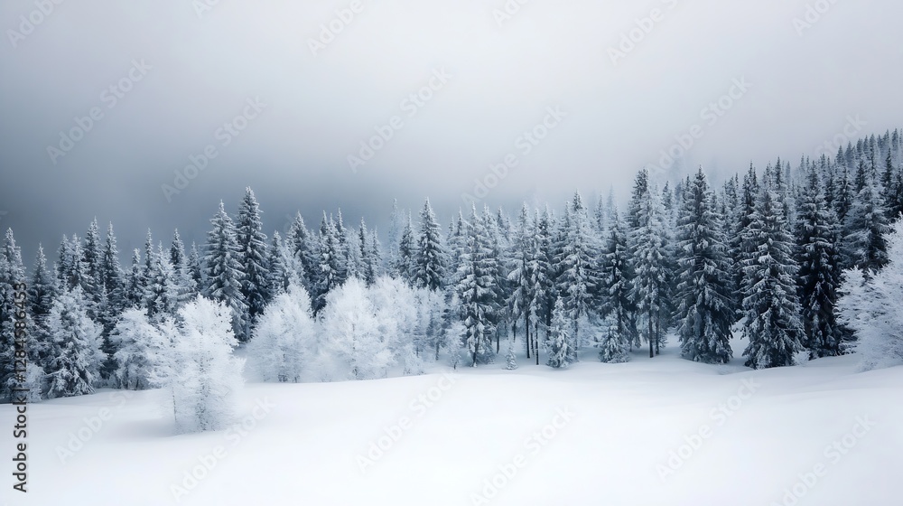 Fototapeta premium Serene winter landscape of snowcovered trees in a foggy forest creating a tranquil atmosphere : Generative AI