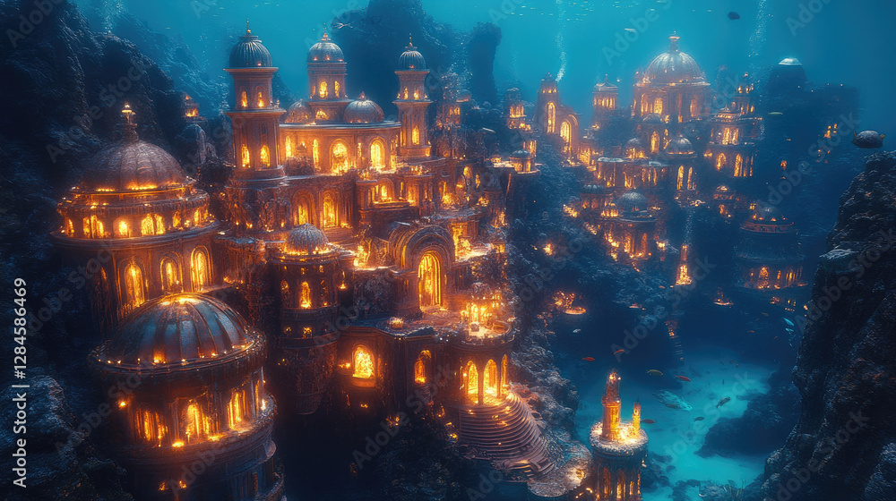 Underwater city, glowing structures, coral reef, mythical, fantasy, artistic, digital render, ocean, futuristic Underwater city, glowing structures, coral reef, mythical, fantasy, artistic, digital render, ocean, futuristic