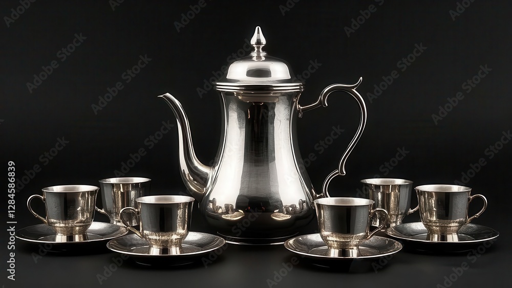 Elegant Silver Coffee Set with Six Cups and Saucers on Black Background Elegant Silver Coffee Set with Six Cups and Saucers on Black Background