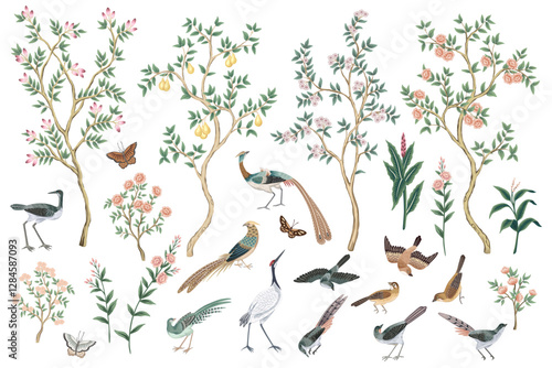 Chinese birds, butterfly, tree, rose, fruit tree, plant set. Chinoiserie vector collection.	