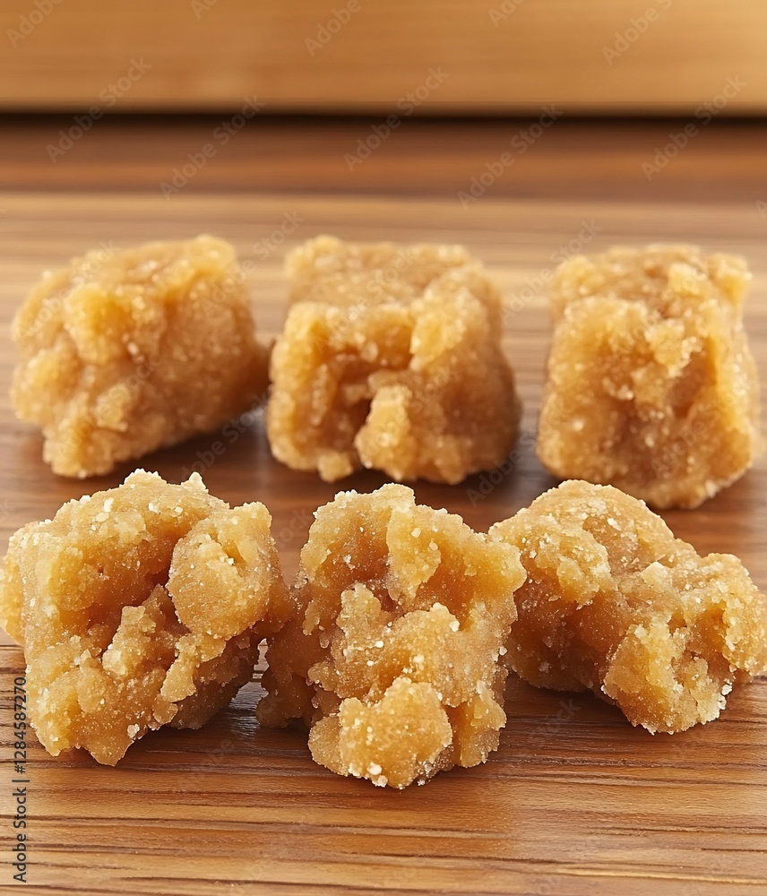 Close-up of six golden brown rough-textured sugar candies arranged on a light brown wooden surface showcasing their crystalline structure. Close-up of six golden brown rough-textured sugar candies arranged on a light brown wooden surface showcasing their crystalline structure.