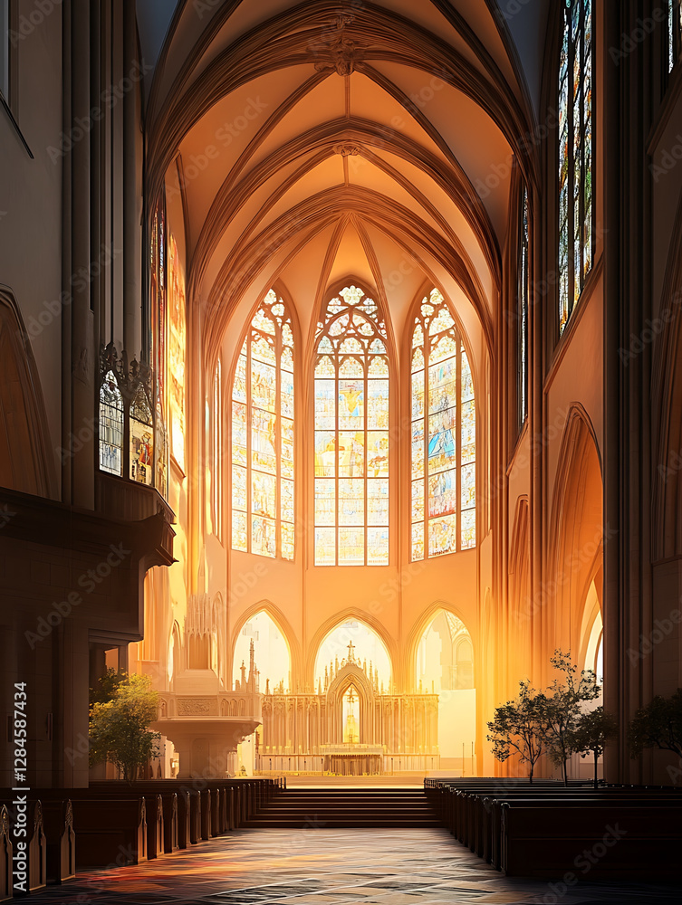 Fototapeta premium Sunlight streams through stained-glass windows illuminating the vaulted arches of a grand ornate church interior with warm golden hues.