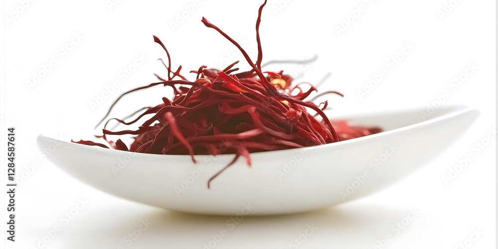Fototapeta premium Saffron threads piled in a minimalist white bowl showcasing the spice's rich red color against a bright background.