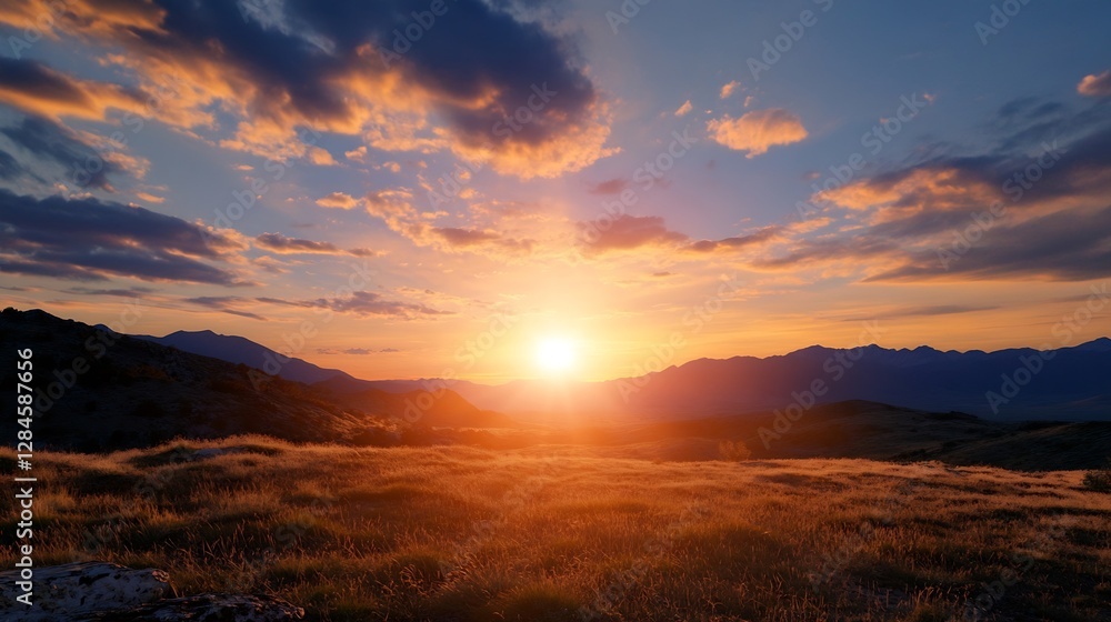 Stunning sunset over rolling hills with vibrant clouds and warm golden light : Generative AI Stunning sunset over rolling hills with vibrant clouds and warm golden light : Generative AI