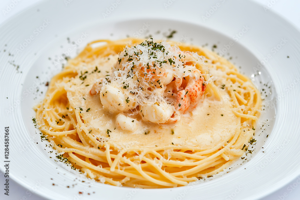 Elegant plate of spaghetti with creamy sauce lobster meat grated cheese and herb garnish. Elegant plate of spaghetti with creamy sauce lobster meat grated cheese and herb garnish.