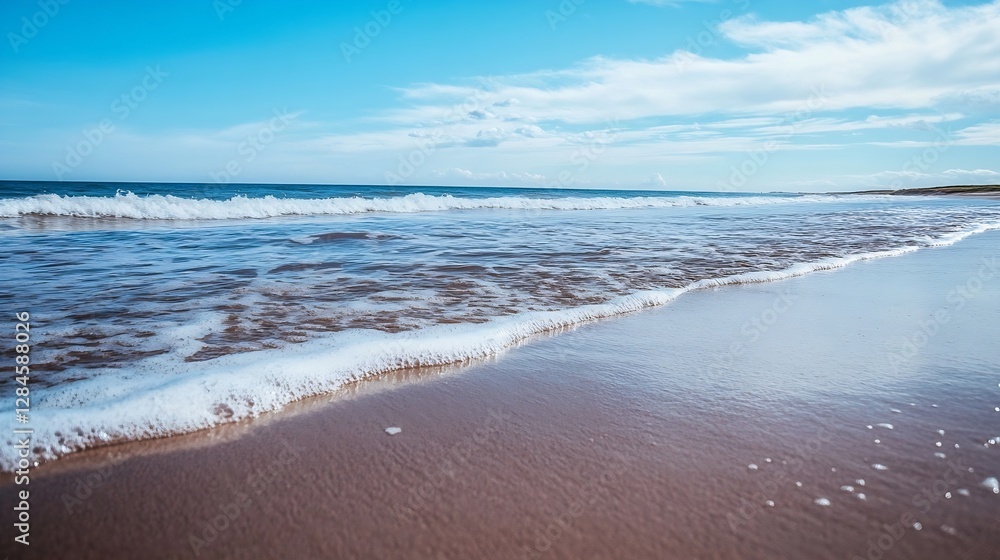 Crystal Clear Ocean Waves Gently Rolling onto a Sandy Shore Under Bright Blue Sky : Generative AI Crystal Clear Ocean Waves Gently Rolling onto a Sandy Shore Under Bright Blue Sky : Generative AI