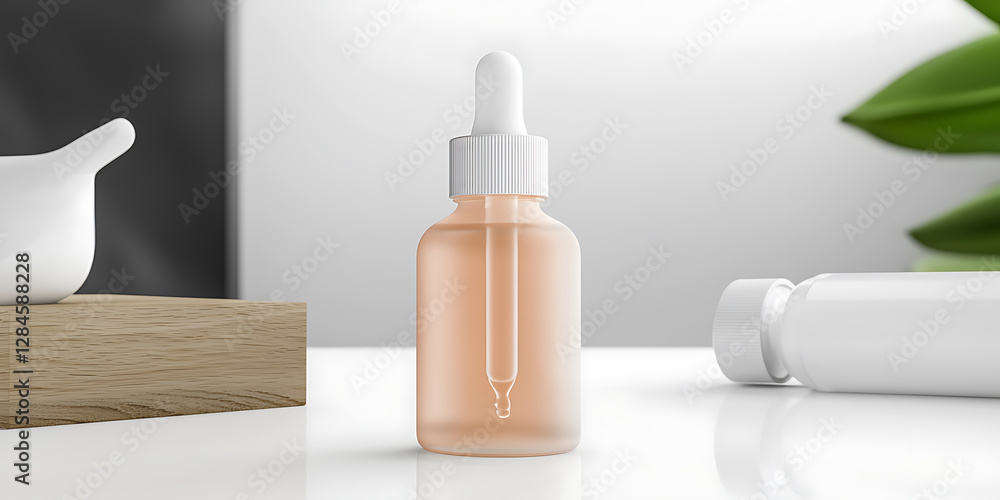 Minimalist product still life featuring a frosted serum bottle with a dropper surrounded by botanical and cosmetic elements. Minimalist product still life featuring a frosted serum bottle with a dropper surrounded by botanical and cosmetic elements.