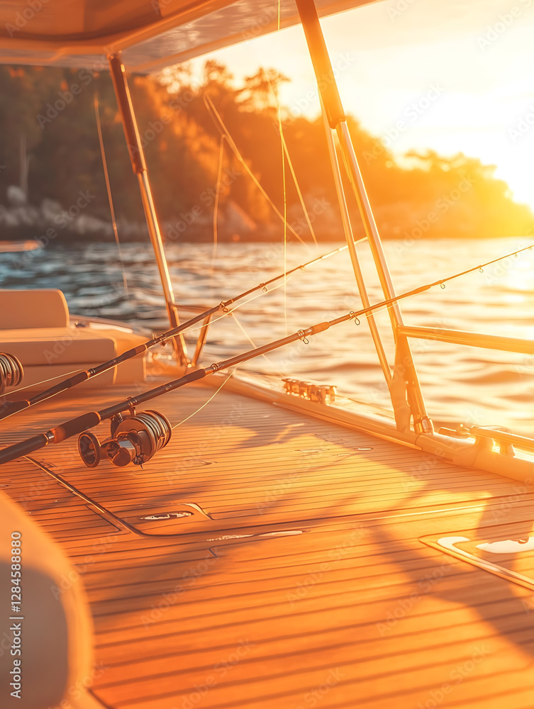 Fototapeta premium Golden sunlight bathes the stern of a boat fishing rods poised hinting at a tranquil day on the water near a distant shoreline.