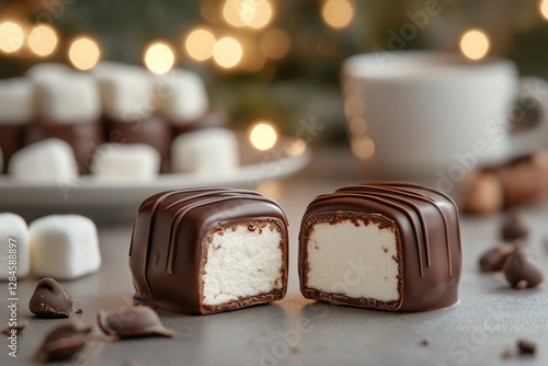 Chocolate covered marshmallows, halved, on a table, with holiday lights and coffee in background photo