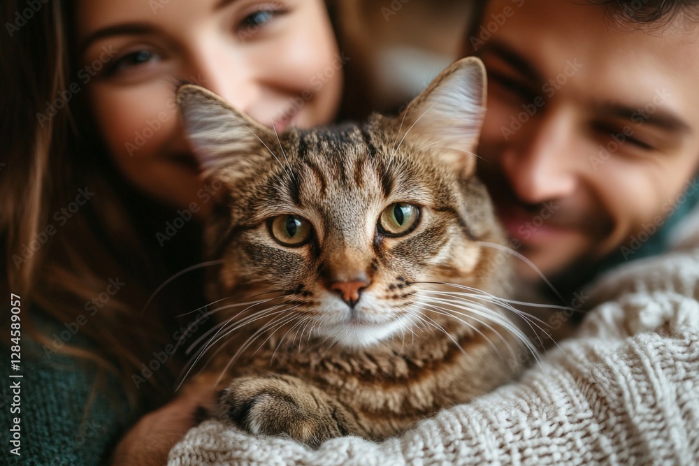 Couple enjoys cozy moment with their adorable cat during winter in a warm living room environment Couple enjoys cozy moment with their adorable cat during winter in a warm living room environment