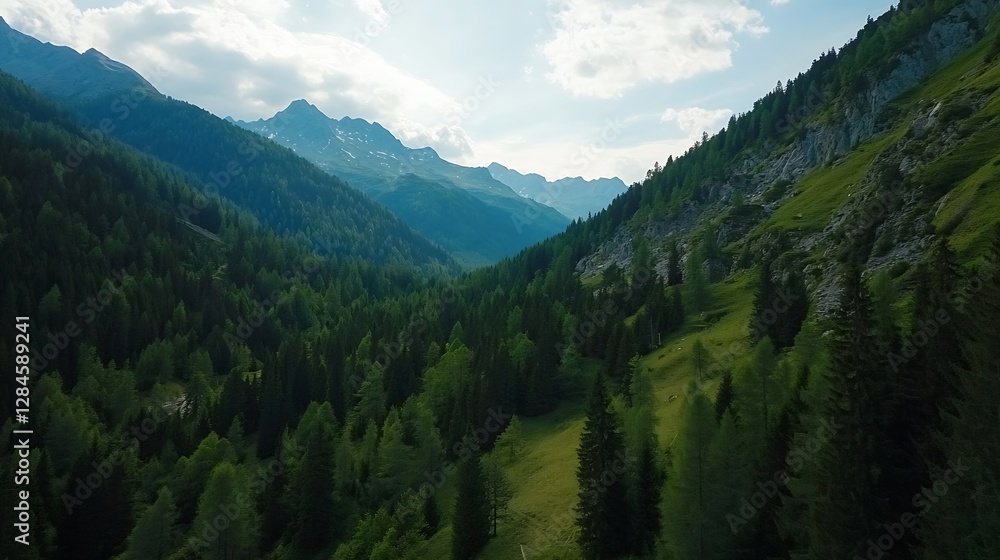 Fototapeta premium Breathtaking aerial view of lush green mountains under a sunny sky with scattered clouds : Generative AI