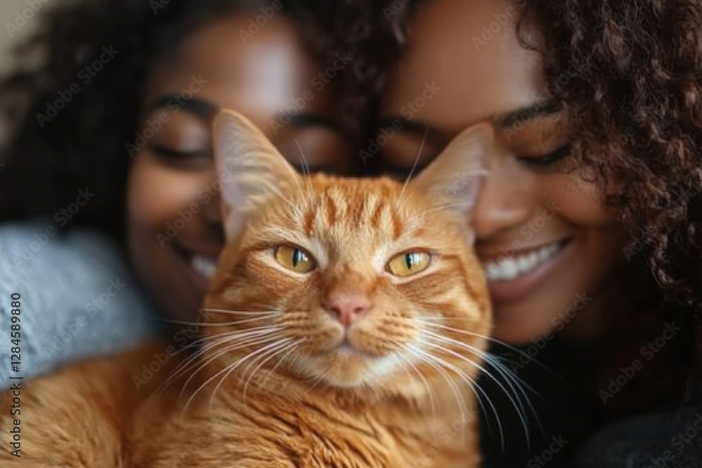 Two smiling women enjoying time with a playful orange cat, capturing a moment of joy in a cozy indoor setting Two smiling women enjoying time with a playful orange cat, capturing a moment of joy in a cozy indoor setting