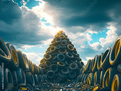 Stacked tires form a pyramidal shape against a bright sky suggesting environmental concerns and unusual artistic expression. photo