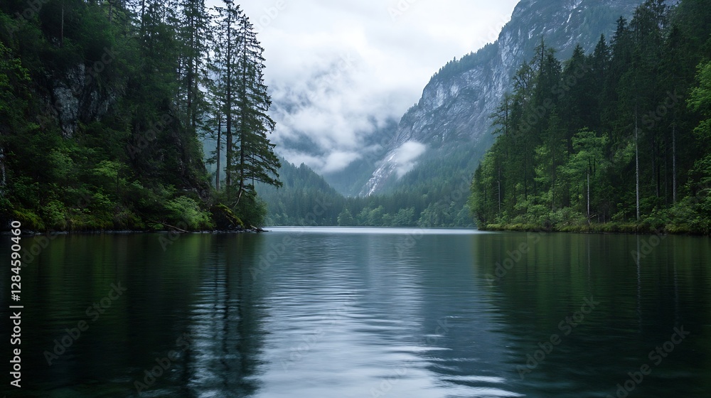 Tranquil mountain lake surrounded by tall trees with mist hanging over the water reflecting the scenery : Generative AI Tranquil mountain lake surrounded by tall trees with mist hanging over the water reflecting the scenery : Generative AI