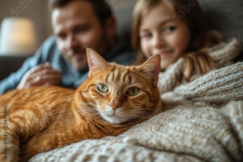 Family members relax together on a cozy couch with a friendly orange cat in a warm and inviting living room
