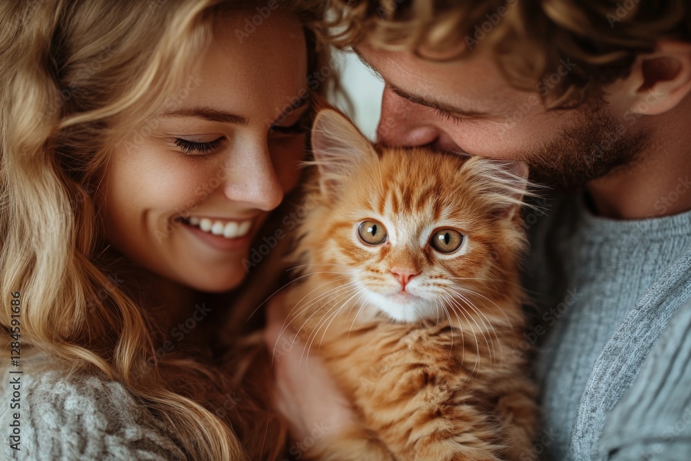 Couple joyfully holding their ginger cat in a cozy indoor setting during a peaceful afternoon Couple joyfully holding their ginger cat in a cozy indoor setting during a peaceful afternoon