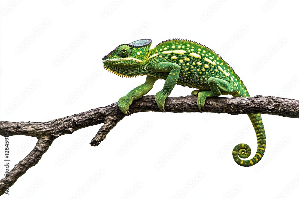 A cute and hilarious chameleon - Chamaeleo calyptratus perched on a branch A cute and hilarious chameleon - Chamaeleo calyptratus perched on a branch