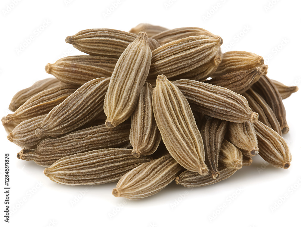 Close-up of a pile of brown elongated cumin seeds with distinctive ridges creating a textured and aromatic composition. Close-up of a pile of brown elongated cumin seeds with distinctive ridges creating a textured and aromatic composition.