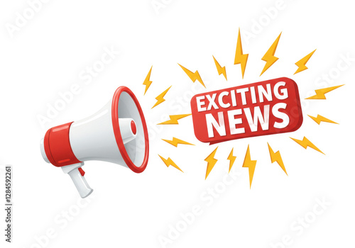 Isolated Exciting News Bursting from a Red and White Megaphone