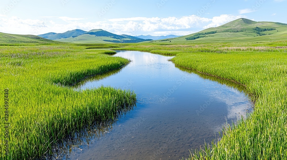 Serene mountain stream meanders through lush green meadow; scenic summer landscape Serene mountain stream meanders through lush green meadow; scenic summer landscape
