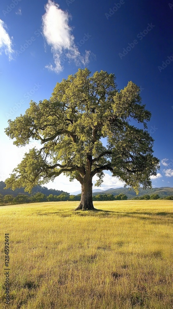Majestic oak tree stands tall in a lush, rolling field under a bright blue sky with wispy clouds Majestic oak tree stands tall in a lush, rolling field under a bright blue sky with wispy clouds