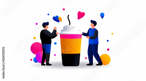 Two Men Celebrating with Giant Coffee Cup, Colorful Vector Illustration