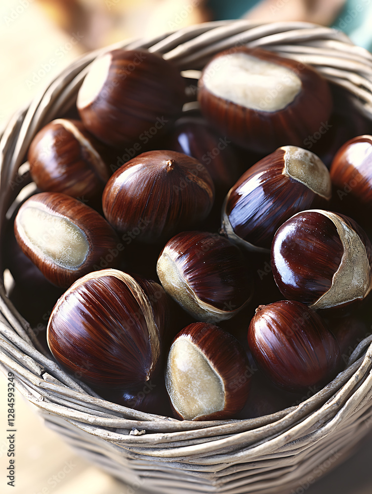 A woven basket overflowing with ripe brown chestnuts showcasing their glossy shells and lighter-colored undersides captured in warm lighting. A woven basket overflowing with ripe brown chestnuts showcasing their glossy shells and lighter-colored undersides captured in warm lighting.