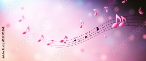 Floating music notes on a colorful backdrop create a whimsical and ethereal sense of rhythm and harmony.