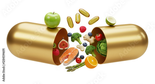 Fototapeta Naklejka Na Ścianę i Meble -  Isolated Exploding Golden Capsule with Variety of Healthy Foods