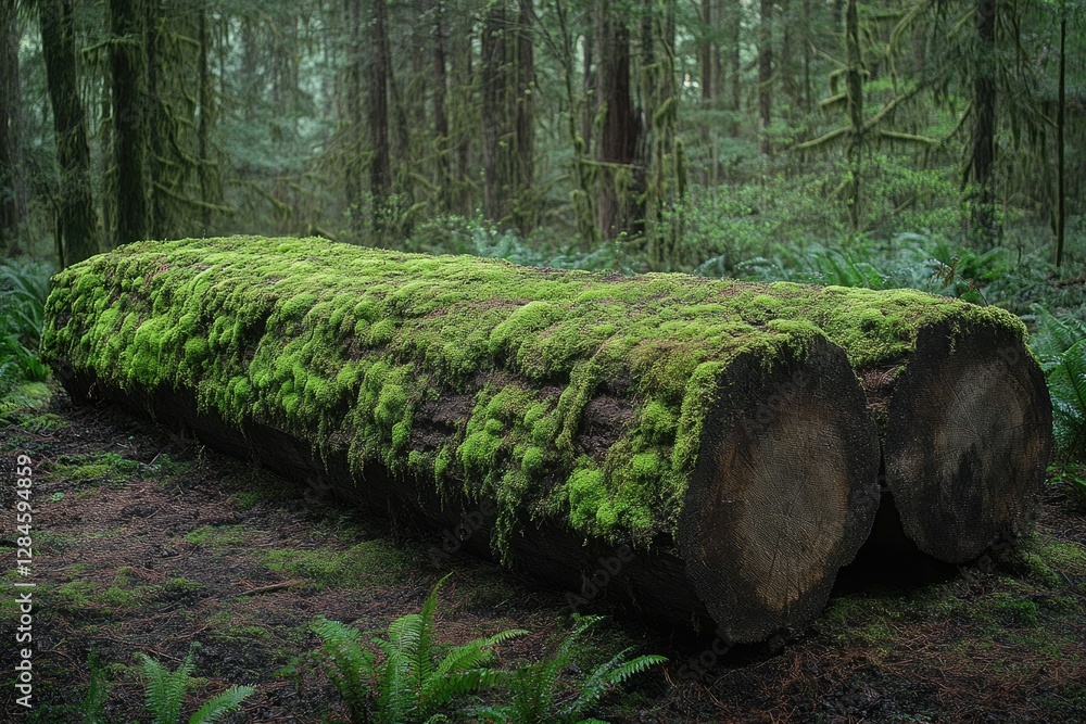 Moss-covered log rests in a lush, green forest, showcasing nature's beauty and tranquility. Moss-covered log rests in a lush, green forest, showcasing nature's beauty and tranquility.