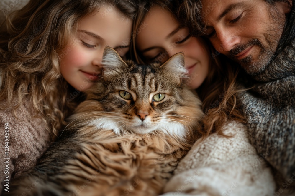 Family bonding time at home with a beloved cat in a cozy indoor setting during winter Family bonding time at home with a beloved cat in a cozy indoor setting during winter