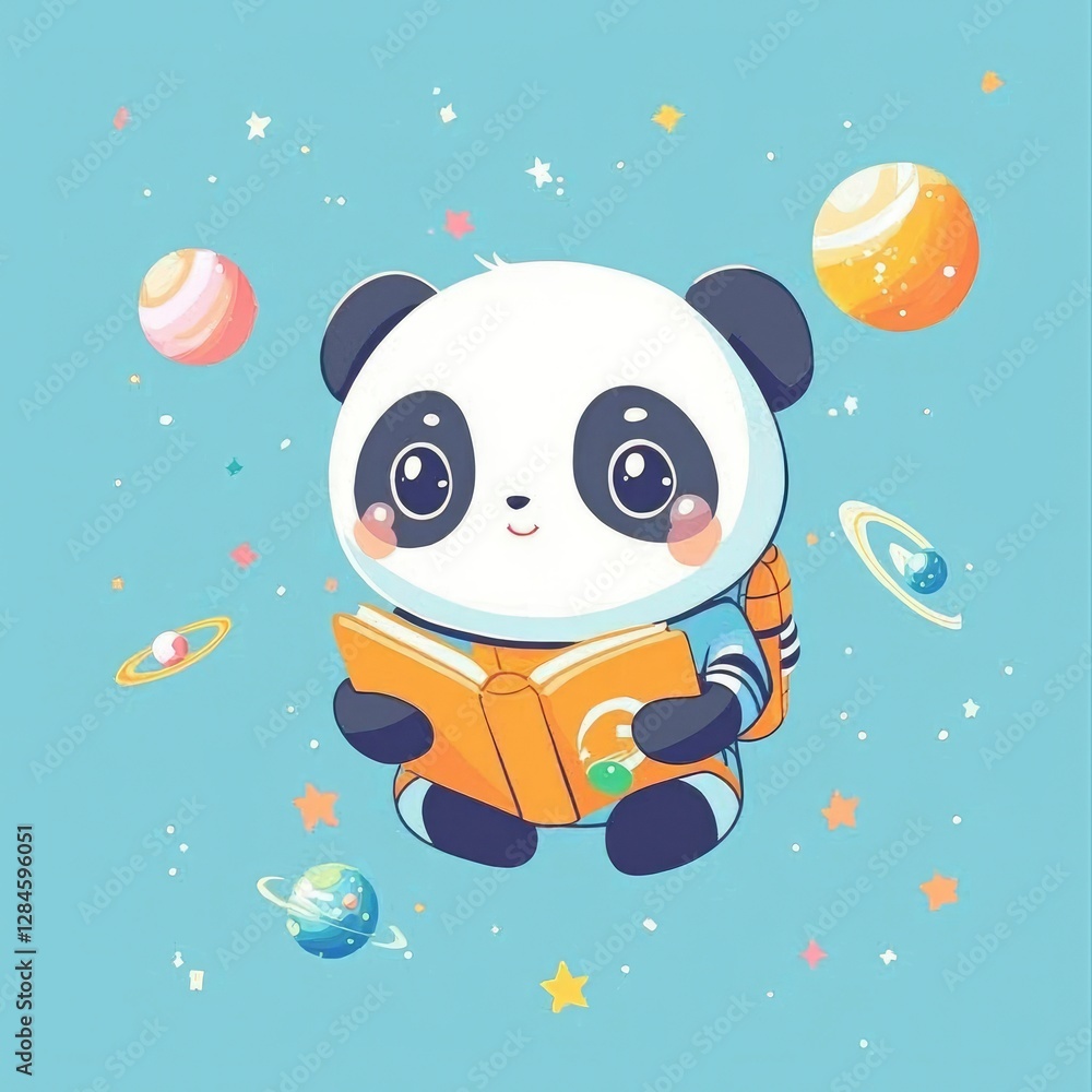 Fototapeta premium Adorable Panda Astronaut Reading in Space