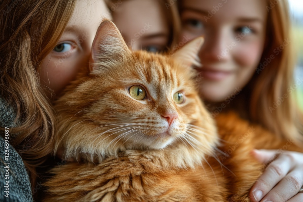 Three friends cuddle with a fluffy ginger cat in a warm, cozy setting during an afternoon gathering Three friends cuddle with a fluffy ginger cat in a warm, cozy setting during an afternoon gathering