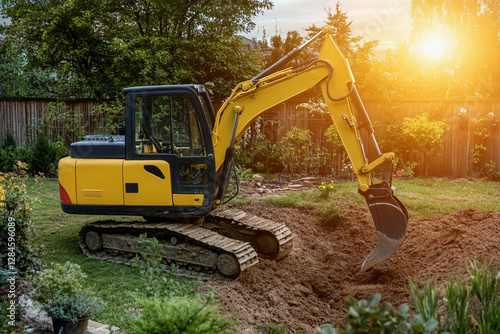 Obraz na płótnie New yellow mini excavator digging in a garden during sunset. Generative AI
