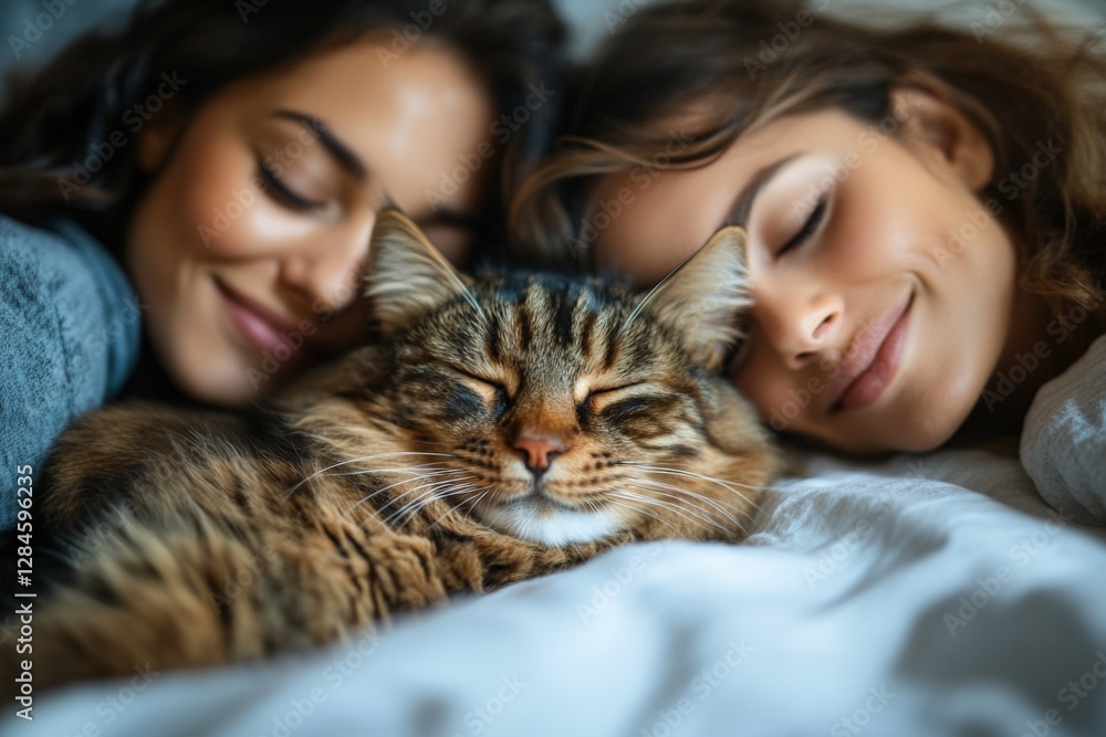 Two friends relax in bed with a sleeping cat, enjoying a cozy moment together in soft morning light Two friends relax in bed with a sleeping cat, enjoying a cozy moment together in soft morning light