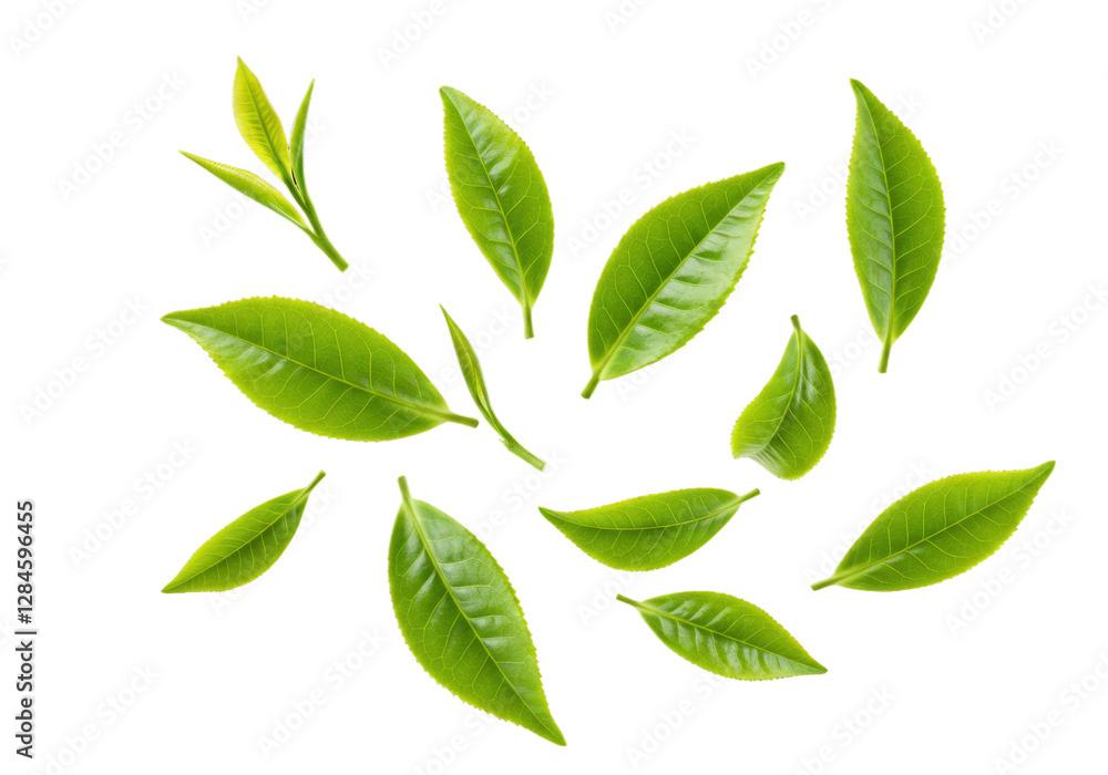 Isolated Green Tea Leaves Grouped Isolated Green Tea Leaves Grouped