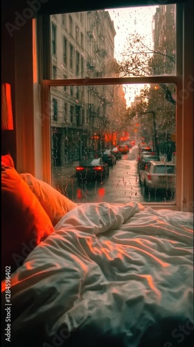 Beautiful cozy bed by the window with a breathtaking view of a rainy New York City street at dusk, capturing a cinematic aesthetic of urban life