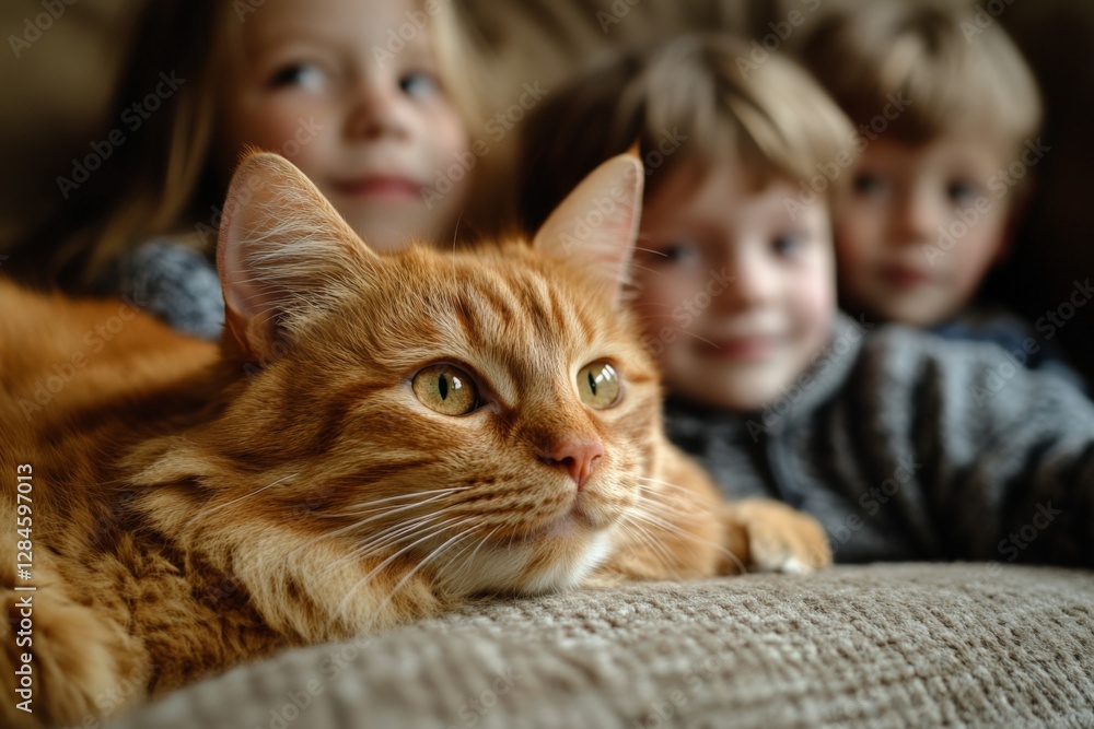 Playful orange cat relaxes on sofa with two children in cozy indoor setting during afternoon Playful orange cat relaxes on sofa with two children in cozy indoor setting during afternoon