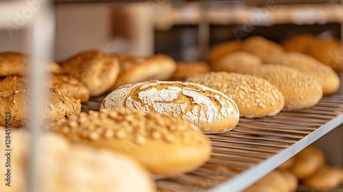 Delicious freshly baked bread loaves arranged on a rack in a warm bakery setting : Generative AI photo