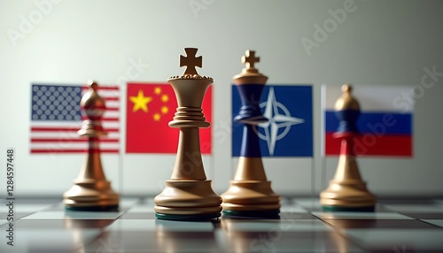 Chess pieces symbolize global power dynamics among nations on a strategic game board