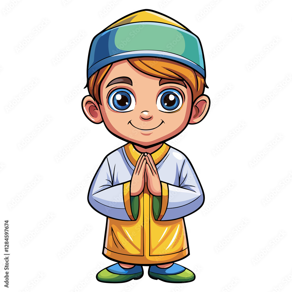 Boy in Islamic attire praying with open hands Boy in Islamic attire praying with open hands