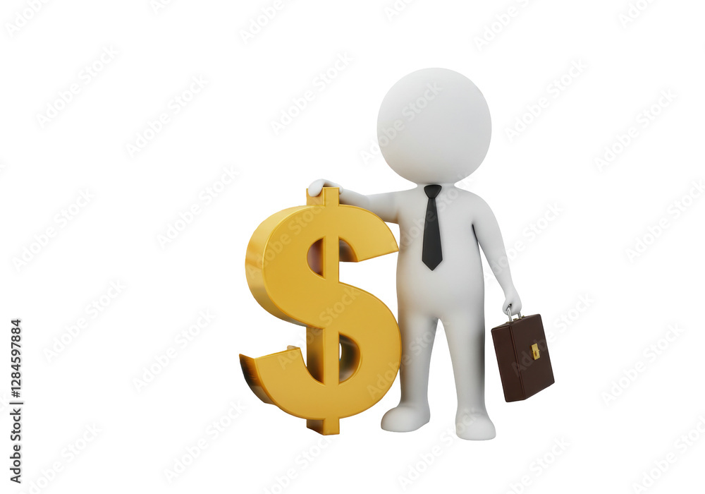 Isolated 3D Character Presenting Golden Dollar Symbol with Business Briefcase Isolated 3D Character Presenting Golden Dollar Symbol with Business Briefcase