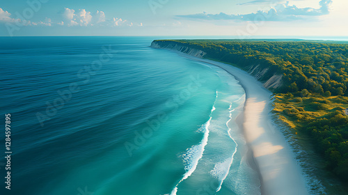Aerial view Coastal sunrise, serene beach, forested cliffs, turquoise waves