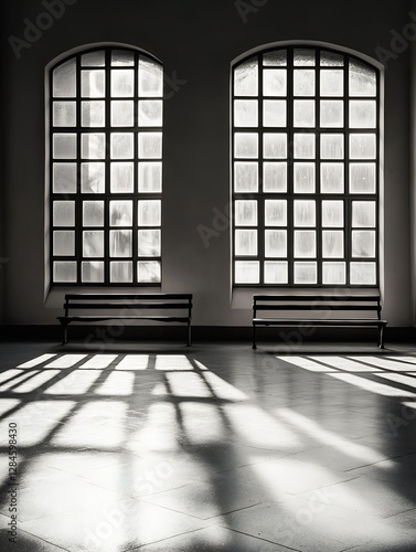 Artistic interior featuring two benches and large windows creating dramatic shadows   Generative AI