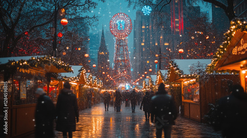 Winter Christmas Market NYC, People Walking, Snow, Ferris Wheel