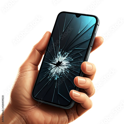 Hand holding a broken smartphone with a shattered screen on a transparent background