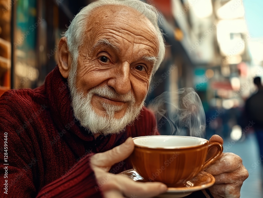 Charming elderly man savoring tea amidst the vibrant streets of Istanbul, capturing a moment of joy and tranquility on a bustling day Charming elderly man savoring tea amidst the vibrant streets of Istanbul, capturing a moment of joy and tranquility on a bustling day
